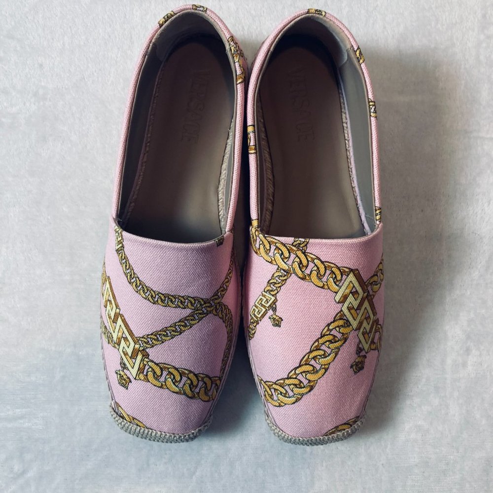 Versace Chain-Print Cotton Espadrille Loafers Pink Size 10B New In Box Authentic - Picture 6 of 13